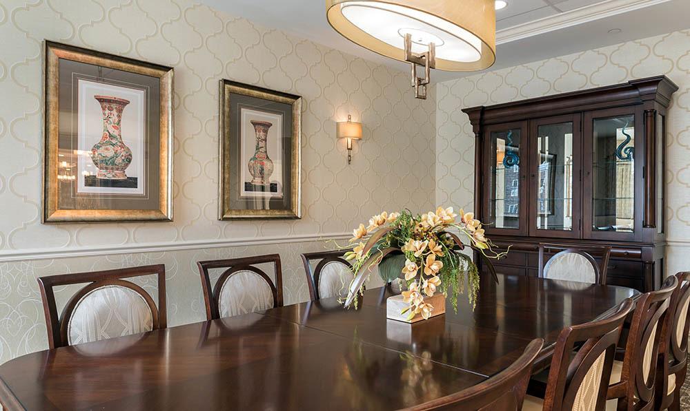 Flowers set on a table in the private dining room at The Ambassador