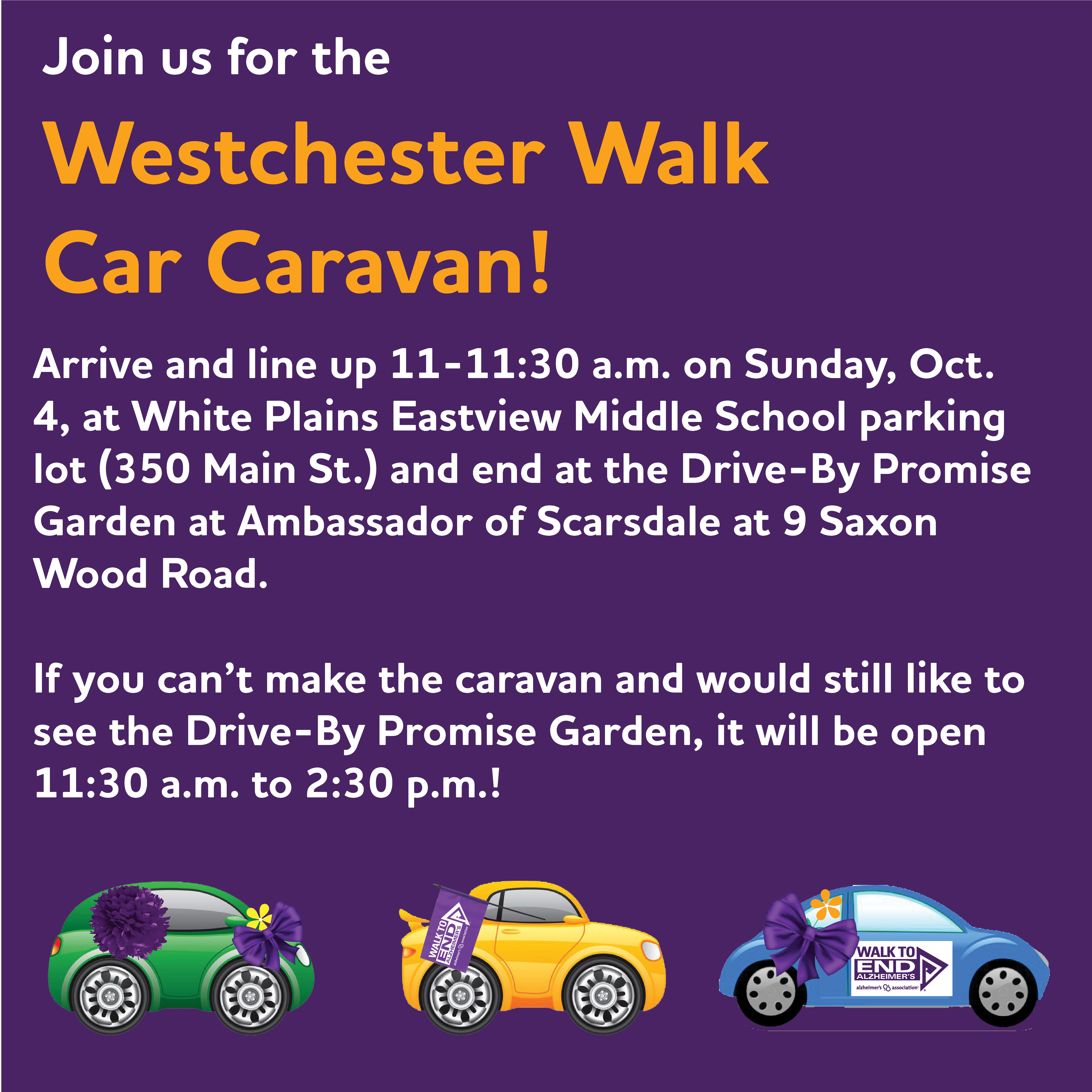 join us for the westchester walk  car caravan Sunday October 4 at 11:00am at The Ambassador