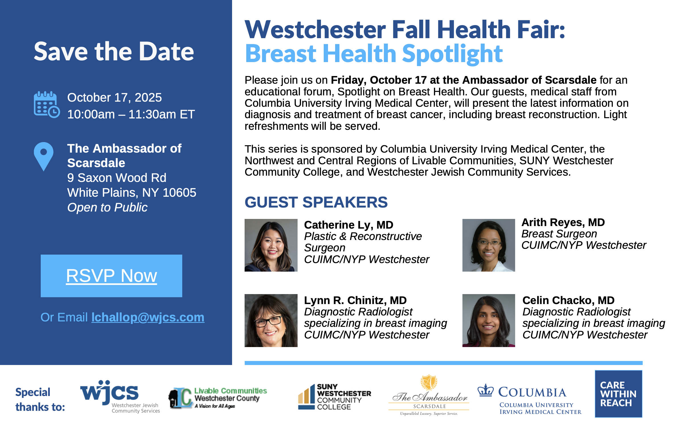 Invitation to Wetchester Health Fair has pictures of people who will be speaking at the event