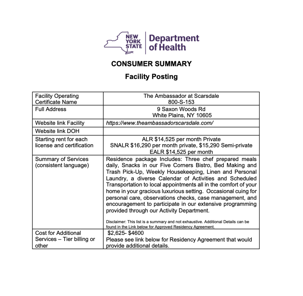 DOH Consumer Summary Facility Posting with pricing and fees 